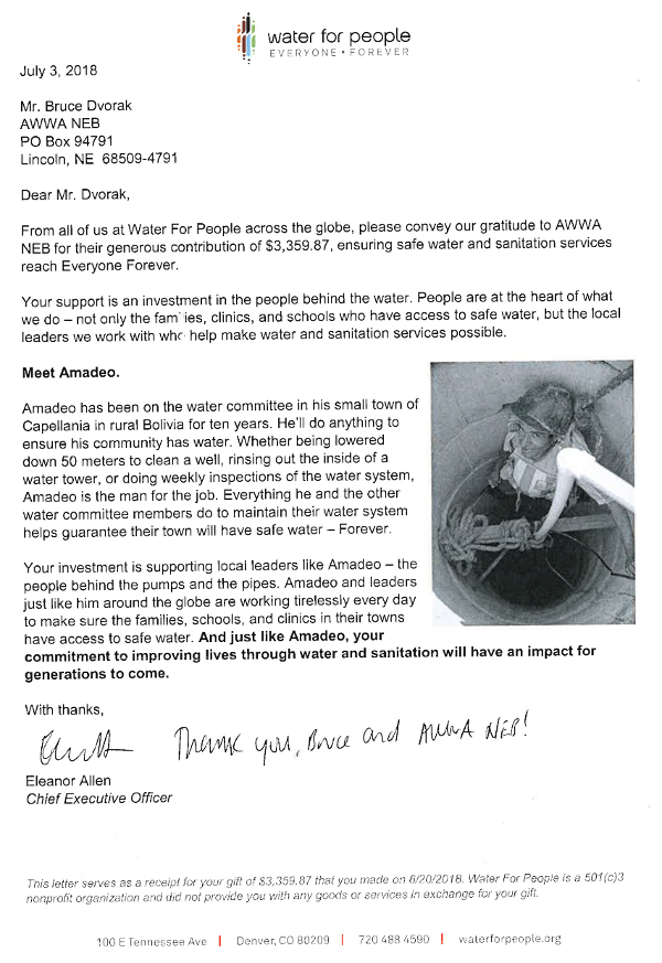 Thank-you letter from Water for People
